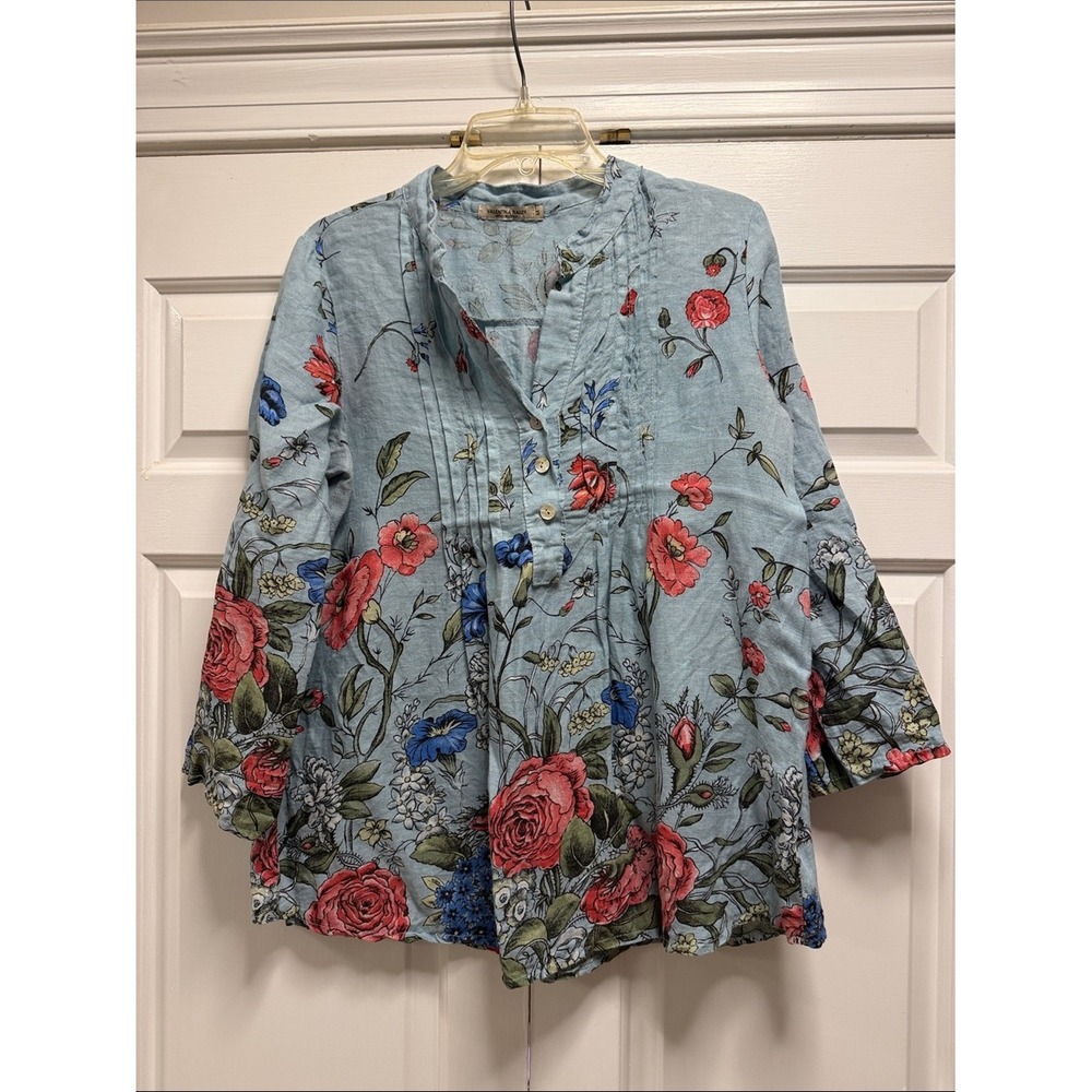 Valentina Naldi Italy Blue Floral Linen Pintuck Roll Tab Sleeve‎ Tunic Top M